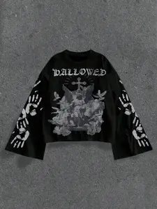 Unisex Ballowed Gothic Print Fitted Short Cropped Sweatshirt, Cross Floral Handprint Sleeve Details, Soft Comfortable Fabric, Y2K Streetwear