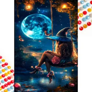 5D DIY Full Drill Round Diamond Painting Kit - Moon, Girl, Swing Mosaic, Canvas - DIY Decorative Painting, Home Wall Decor, Suitable for Halloween, Christmas, Birthday, and Anniversary Gifts