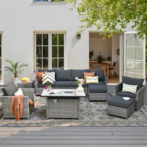 OVIOS Rimaru 10-Piece Outdoor Patio Furniture Set with 42" Fire Pit Table, All-Weather Wicker Sofa Set with Cushions, Partially Assembled for Backyard Patio Deck Garden Outdoor Seating Furniture