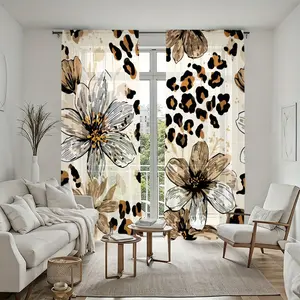 2Pcs Leopard Print Floral Sheer Curtains, Modern Abstract Patterned Semi-Transparent Window Drapes with Rod Pockets, Bohemian Stylish Treatments for Living Room Bedroom Dining Home Decor, Light Filtering Screens Privacy