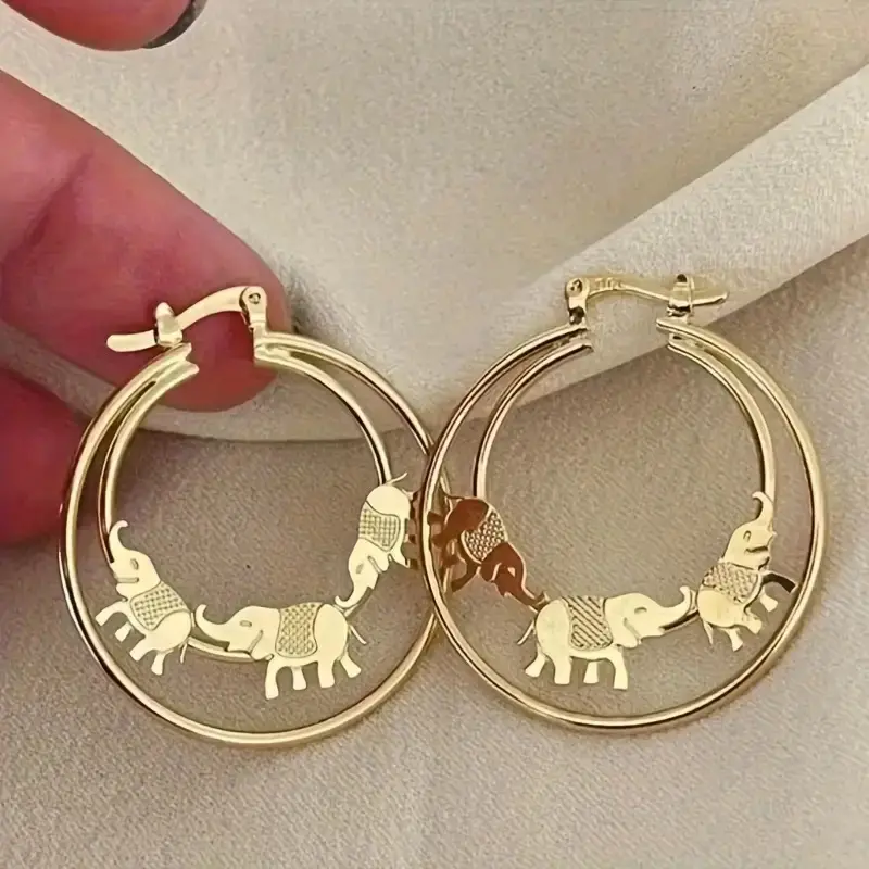 Elegant Golden Elephant Hoop Earrings for Women – Hand-Carved Craftsmanship, Perfect Anniversary Gift, Versatile for Casual Attire or Special Occasions, Daily Wear Earrings |   Playful Design |   Durable Hoop Earrings, Elephant Decor