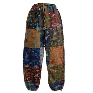 Unisex Handmade Hippie Style Ethnic Mushroom Print Patchwork Harem Pants with Pockets Stonewashed Cotton Festival Wear All Seasons