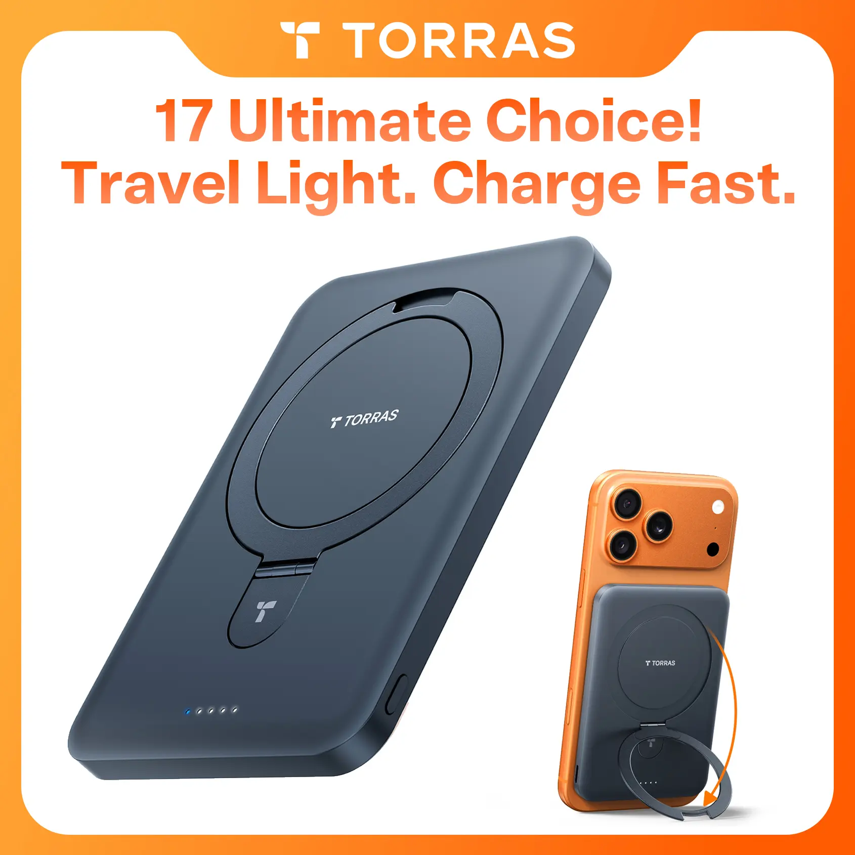 TORRAS EasyGo Magnetic Portable Charger Power Bank for iPhone, Fast Charging Travel Essential Wireless Battery Pack Slim with OStand Compatible with Magsafe, iPhone 17 Pro Max,iPhone 17 Pro,16 Pro Max,iPhone 16 Pro,Pro,15,14,13,12,10000mAh,5000mAh