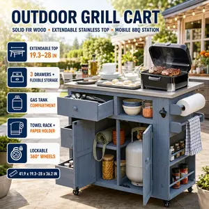 Outdoor Kitchen Island Solid Wood Extendable BBQ Grill Table Stainless Steel Top Mobile Kitchen Cart with Drawers Side Spice Rack Storage Cabinet for Backyard Party Patio Prep Table Food Serving Station