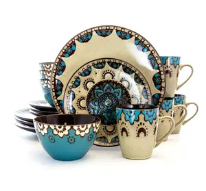 Elama Clay Hart 16 Piece Dinnerware Set in Tan and Blue