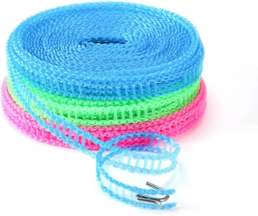 3-Pack Durable Sturdy Stainless Steel Clothesline, Lightweight Windproof Nylon Drying Rope, Adjustable 5-10m/16.4-32.8ft, Pink/Blue/Green, Portable Laundry Line for Camping, Home, Basements