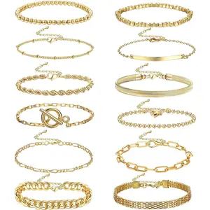 CASSIECA 12-Count Women's Link Chain Bracelets Set, Boho Stackable Paperclip Cuban Cuff Bangle Beaded Chains, Lead-Free Layered Look Link Styles for Daily Wear
