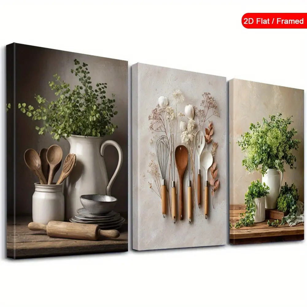 3 Piece Vintage Tool Decorative Art Set, Elegant Kitchen Canvas Wall Art, Modern Poster Prints, Retro Style Framed Wall Hangings, Art Work For Wall Decor