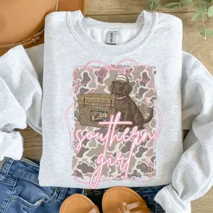 Women's Casual Round Neck Pullover Hoodie - Cool, Neutral-Toned Unisex Ash Grey Sublimation Southern Girl Dog Design, Polyester-Cotton Fabric, Perfect Fit Women's Top, Cool Women's Hoodies, Neutral-Toned Women's Hoodies