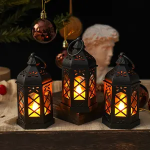 12-Pack Vintage European Hexagonal LED Electronic Candle Pendant Lanterns, Warm Glow Home Goods Decoration Items, Indoor-Outdoor Desktop Garden Center Ornament Set for Festivals