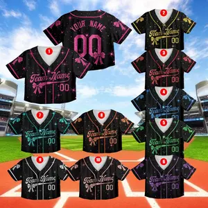 Personalized Coquette Bow Crop Top Baseball Jersey XS-XL Multicolor Shirt– Personalized Team Name Your Name Number Ribbon Bow Shirts, All Over Print American Cropped Jersey for Fan, Gift Idea for Women, for Her, For Teen Girl Women Baseball Fan