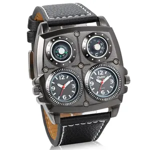 Military Army Dual Time Zones Movements Quartz Watch Black Leather Sports Mens