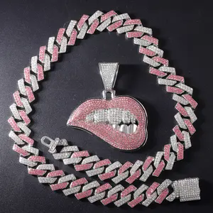 Men Women Hip Hop Bite Lip Shape Pendant Necklace with 14mm Crystal Cuban Chain Iced Out Bling HipHop Necklaces Fashion Jewelry