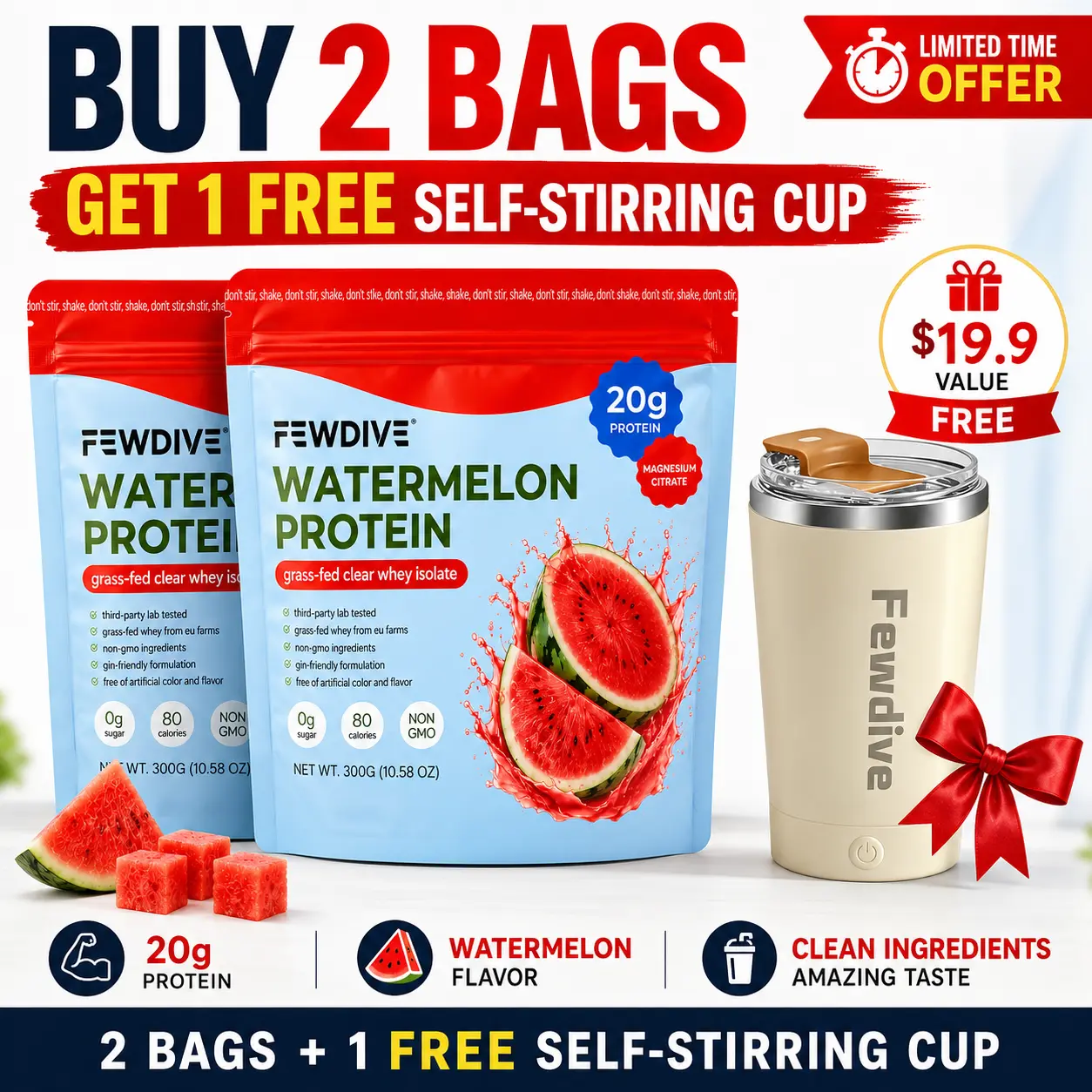FEWDIVE Whey Protein Isolate Powder / 300g Grass-Fed Whey Concentrate & Isolate Blend (Scoop included)
