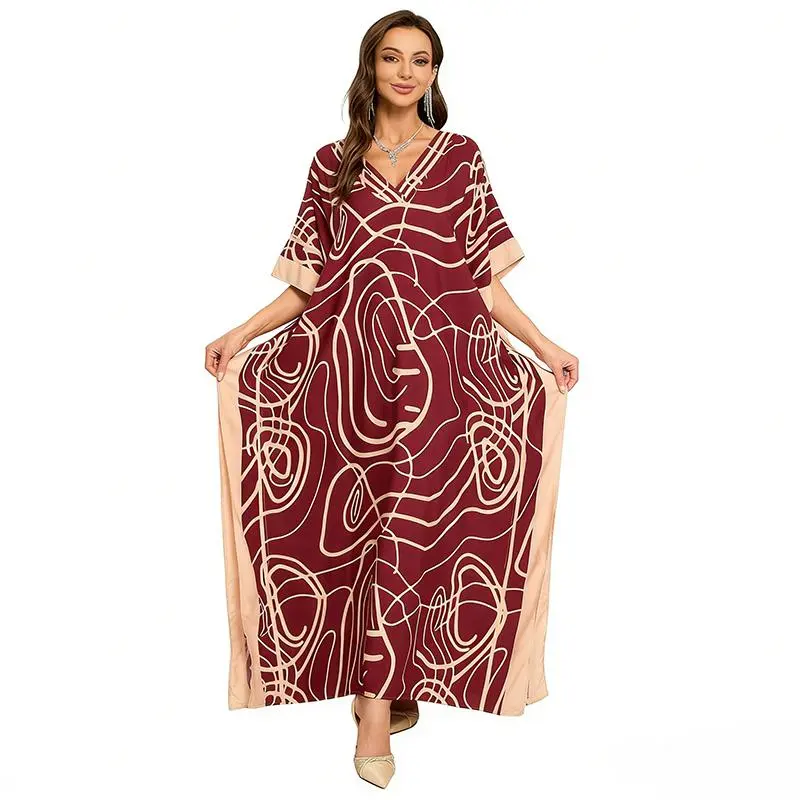 Women's Bohemian Kaftan Dress, Plus Size Ethnic Print Viscose Loungewear, Casual V-Neck Mumu Gown, Lightweight Swimsuit Cover Up, Casual Wear, Elegant, Evening, Beach, Fabric, Style, Batwing, Caftan, Breathable, Fit, Side Slits, Ethnic Prints, Elegance, D