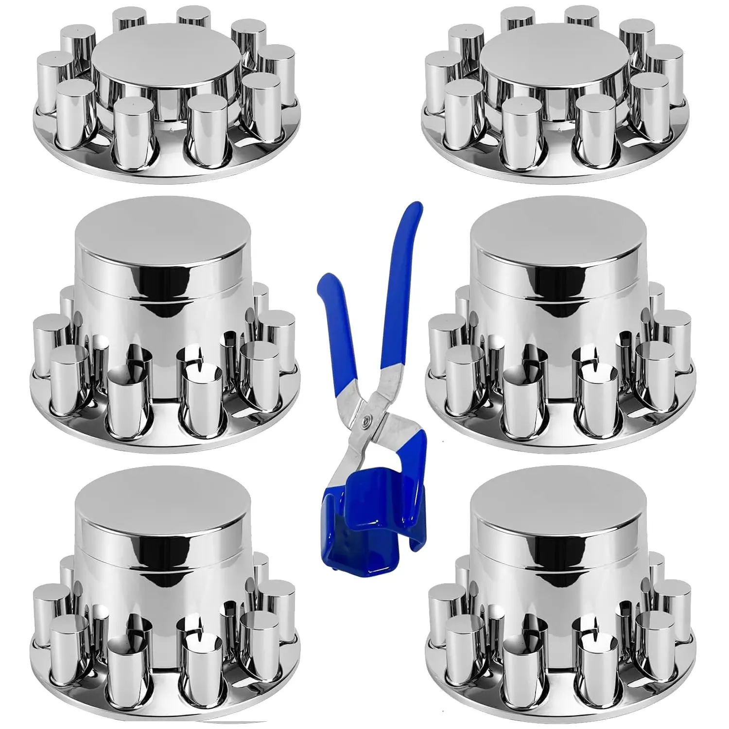 Chrome Flat Top Complete Hub Cover Kit - 33mm Lug Nut Wheel Axle Components, Plastic Automotive Vehicle Accessory with 4 Rear Axle Covers for Semi Trucks, Trailers, Car Accessories, Vehicle Accessories