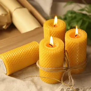 6 Handmade Rolled Beeswax Candles, Honeycomb Pattern Natural Yellow Pillar Candles, Unscented Clean Burning Smokeless Dripless, for Home Decor, Christmas Easter Holiday Decoration, Living Room Bedroom Table Decor & Creating Warm Cozy Relaxing Ambiance