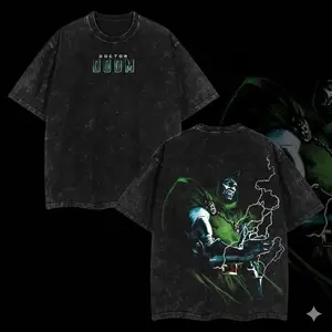 Superstyle Dr.Doom "The Masked Tyrant" MCU Edition Double Printed Oversize Lightweight Acid Washed Tee TV Series Graphic Design Top Cotton Streetwear Comic Superheroes T-Shirt Clothes Menswear Womenswear Round Neck Black