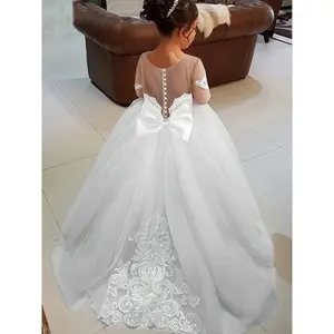 Girls' 9/16 Sleeve Puff Sleeve Princess Dress with Big Bow, Elegant Long Tulle Dress, 12 & Under, A-Line Silhouette,, Dry Clean Only, Perfect Performances & Occasions