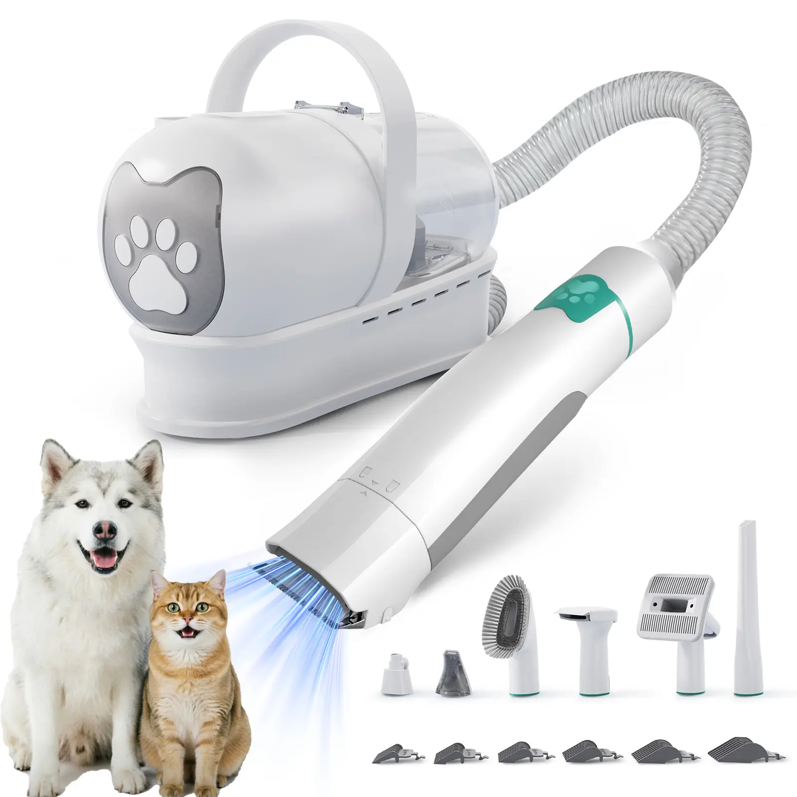 Dog Vacuum Brush for Shedding & Grooming, 7 in 1 Pet Grooming Kit with Vacuum Suction, Electric Hair Clipper, Paw Trimmer, Nail Grinder, 6 Guard Combs for Cats and Dogs