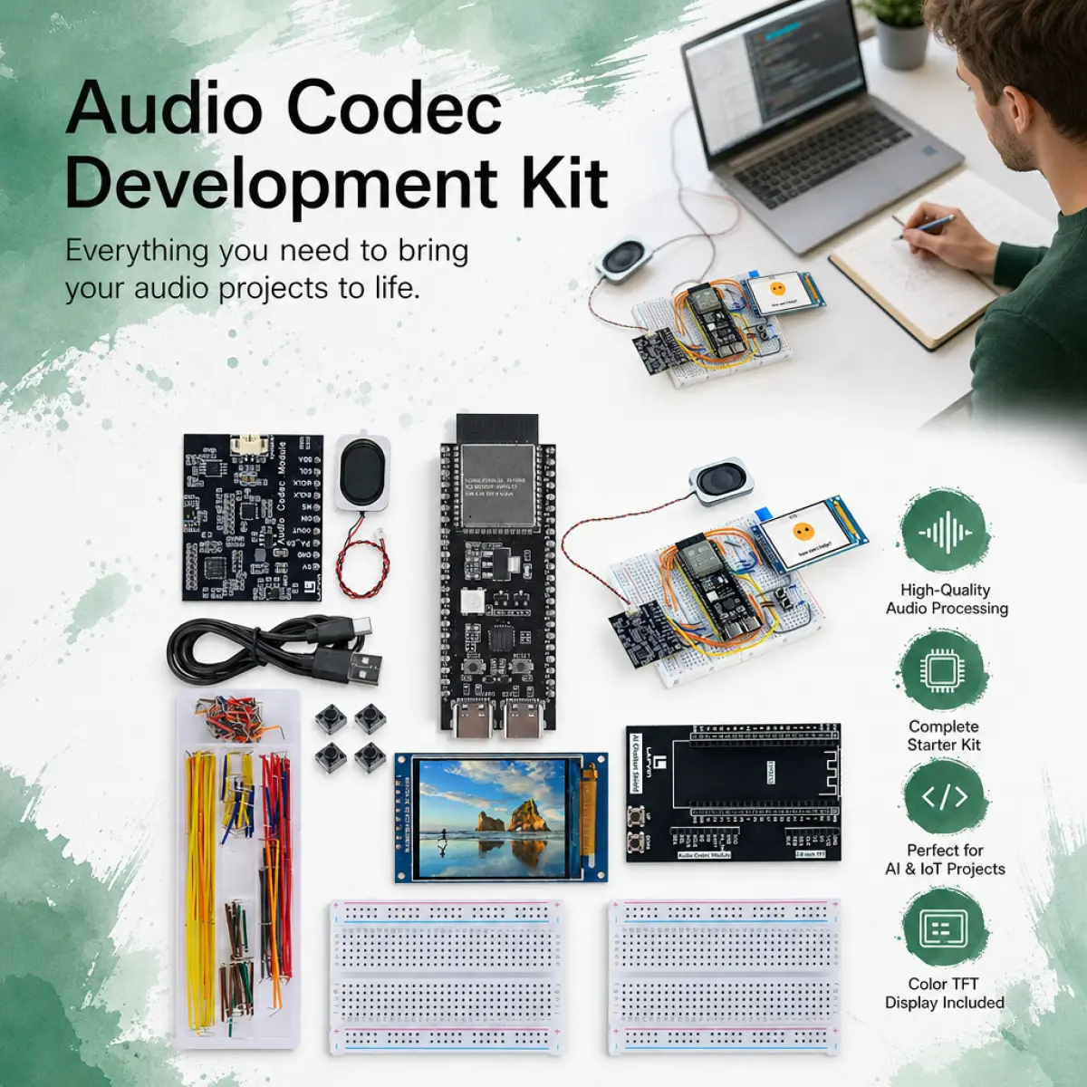LAFVIN ESP32-S3 AI Chatbot Development Kit, 2.0 Inch TFT Touch Display, Audio Codec Module with Noise Cancellation, 80 2W Speaker, Breadboard & Jumper Wires for DIY Voice Assistant Projects