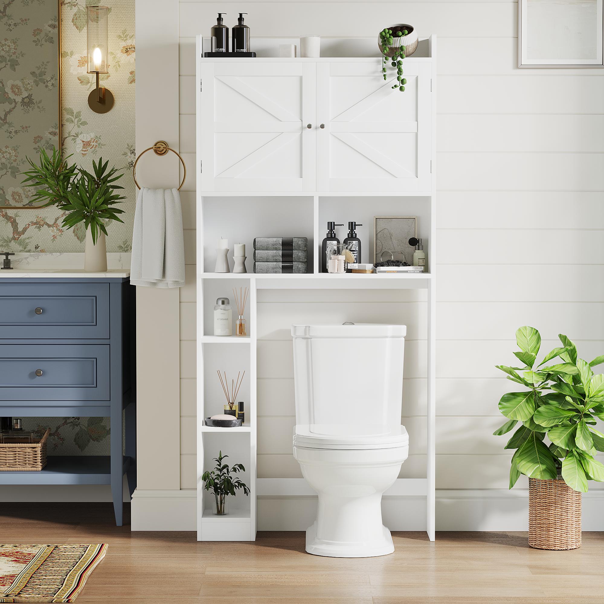 Over-The-Toilet Storage Cabinet with Adjustable Shelf, Bathroom Space Saver with Double Doors and Open Shelves, Freestanding Toilet Organizer Rack for Bathroom Storage – White Over-The-Toilet Storage Cabinet with Adjustable Shelf, Bathroom Space Saver with Double Doors and Open Shelves, Freestanding Toilet Organizer Rack for Bathroom Storage – White