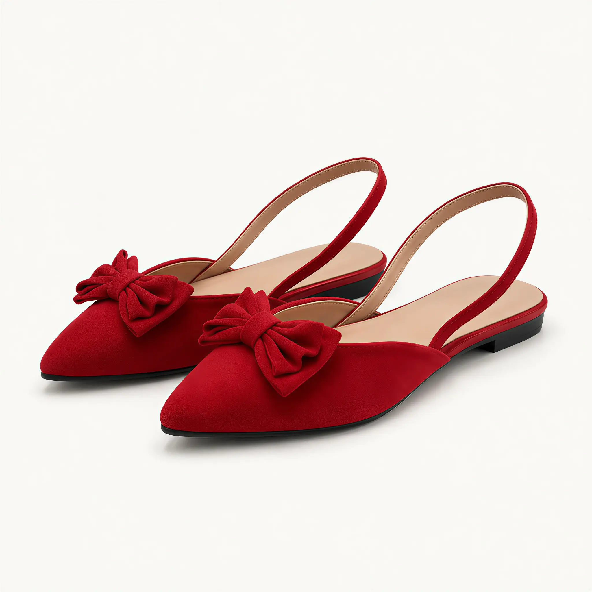 GeeYea women’s Red Bow Slingback Flats, Pointed Toe Low Heel Slip-On Shoes with Faux Suede Upper, PU Lining & PVC Sole, Elegant Dress Flats for Office, Date Night, Party & Spring Summer Outfits