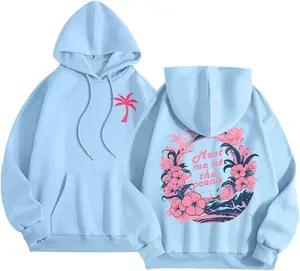 Blue Palm Puff Hoodies For Women Meet Me At The Ocean Waves, Outfit for Girls, Classic Puff Hoodie, Gift For Women