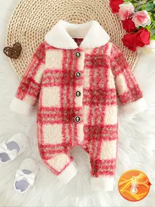Baby girl winter jumpsuit, Christmas red checkered jumpsuit, warm collar button design, suitable for party gatherings, Christmas holiday outfits, trendy outdoor clothes for newborns, children's Easter gifts