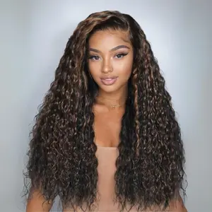Unice  Water Wave Wig Black with Golden Brown Highlights Bye Bye Knots Pre-cut 7x5 HD Lace Closure Human Hair Wigs Natural Scalp Ready to Wear Beginners Friendly