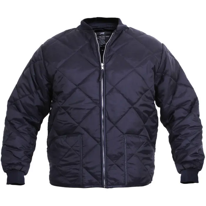 Navy Blue Flight Jacket Menswear Diamond Quilted, Classic Casual Fashion Style, with Nylon Outer, Thermal Lining, Polyester Fiberfill for Cold Weather Comfort, and 2 Front Slash Pockets