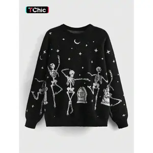 Women’s Halloween Skeleton & Star & Moon Print Round Neck Sweater, Casual Long Sleeve Crew Neck Jumper for Fall, Halloween Costumes, Fashion Ladies’ Knitwear for Daily Wear, Womenswear