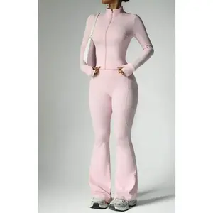 2 Pieces Set,Tummy-Control Waist + Thumbhole Sleeves, Gym-To-Street,Corset-Inspired Zip Front,4-Way Stretch Flares,Anti-Slip Waistband,Sculpting Jacket Zip Detail + Booty-Lifting Pants,Confidence-Boosting Set,Women's Zip-Front Jacket Yoga Wear Fitness