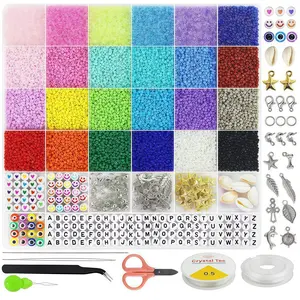24 Color Seed Beads Set, 2mm Glass Beads for Jewelry Making Kit, Friendship Bracelet Set, DIY Art Craft Girl Gift, Complete Kit, Elastic Cord, Letter Beads