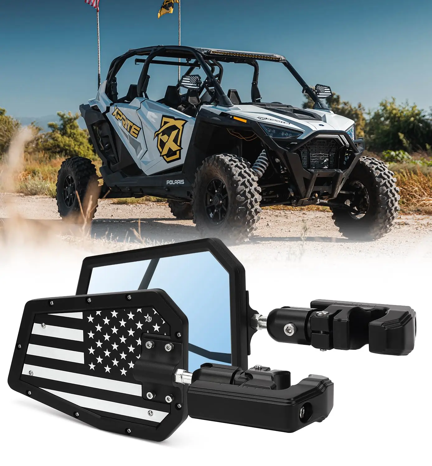Xprite UTV Side Mirrors Adjustable Bracket – Universal Roll Bar Rear View Mirrors for RZR & Can-Am
