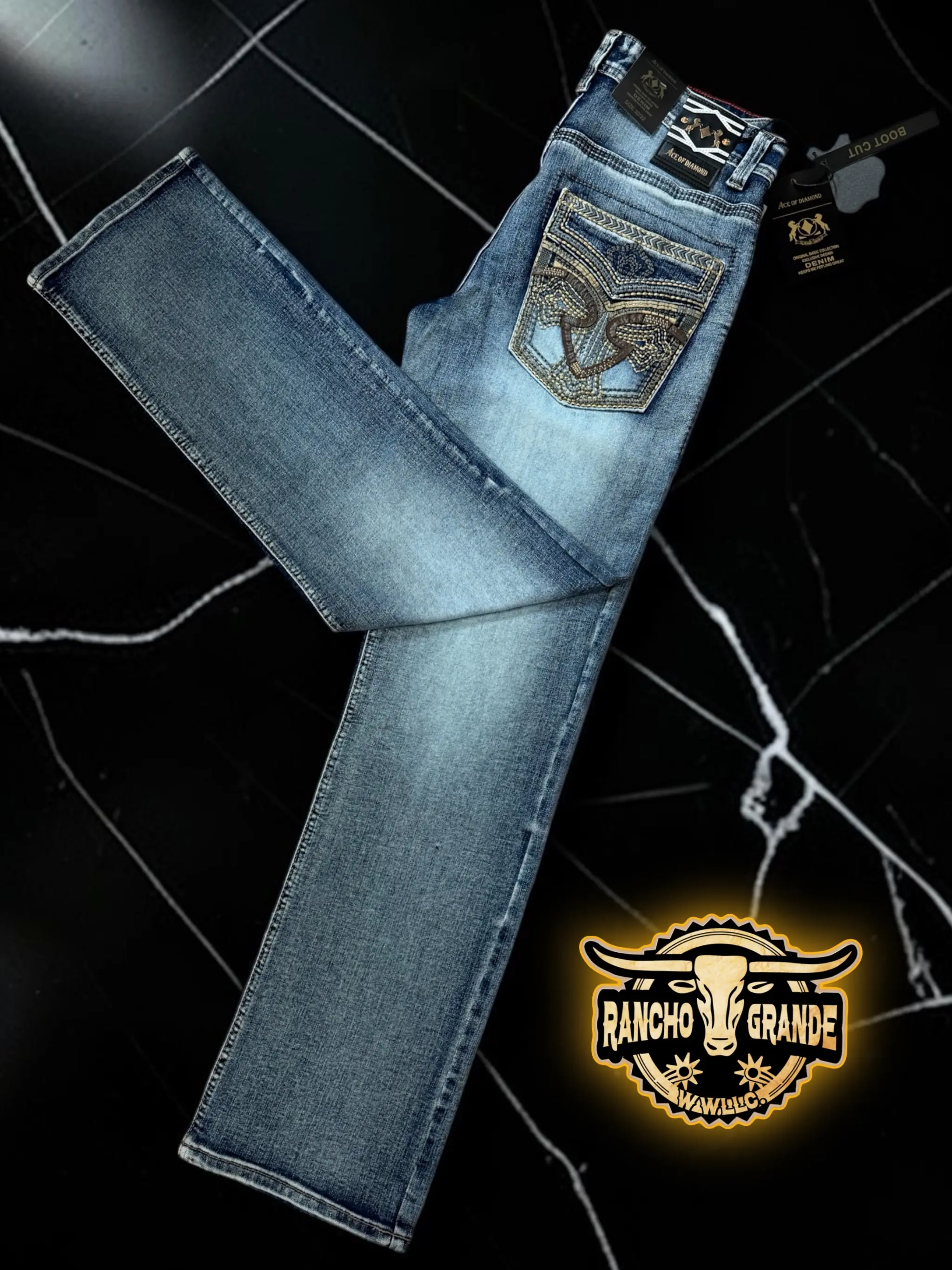 Ace- P1400 M. Blue  Men's Western Cowboy Jeans Straight Fit Boot Cut / Pantalon Vaquero  para Hombre Diseno Moderno corte para Bota
