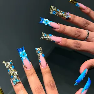 24 Pcs 3D Luxury Long Coffin Nails, Handmade 3D Flower Full Rhinestone Design, Blue Gradient, Glossy False Nails, Nail Art, Reusable, Free Jelly Glue & Nail File