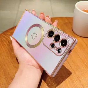 Silk Color Magnetic Dual Heart Design Protective Phone Case for Samsung Galaxy S25 S24 S23 S22 S20 Fe S21 Ultra, Gold Plated, Shockproof Camera Protection Cover