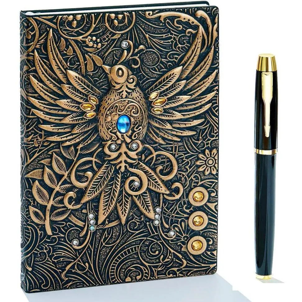 Embossed Leather Journal - Antique Embossed Leather Writing Notebook, 8.4x5x0.7 Inches A5 Refill (100 Sheets/200 Pages), Travel Diary with Golden Classic Pen (Bronze, for Men), Crafted With Care