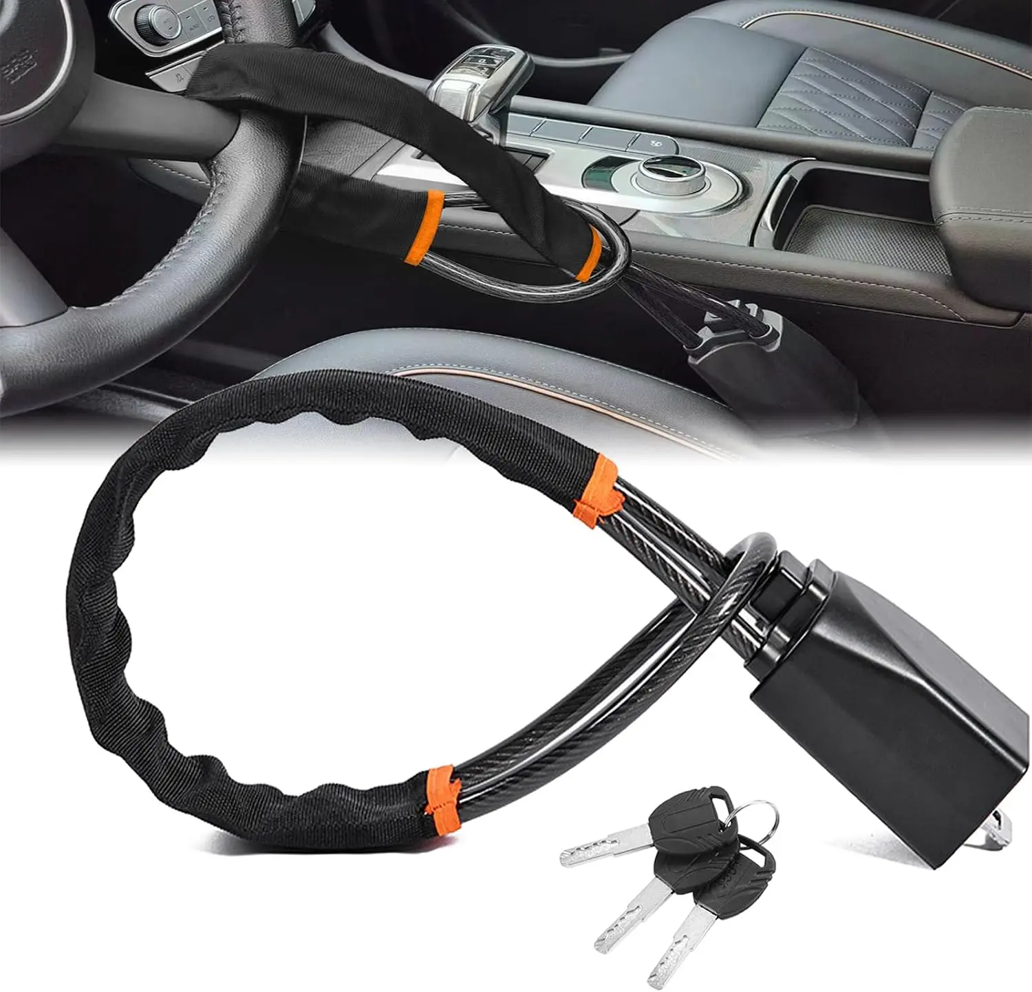Car Steering Wheel & Seat Belt Lock - 17" Universal Anti-Theft Device for Vehicles, SUVs, Golf Carts | Compact & Lightweight Security Lock with Multi-Function Keys (Black)