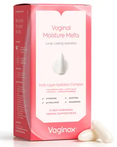 Vaginox Moisture Melts – Hyaluronic Acid Vaginal Suppositories – 4-in-1 Hydration with Lactic Acid, Vitamin E & Evening Primrose Oil – Hormone-Free, Vegan, No Applicator, Made in USA – 10 Count