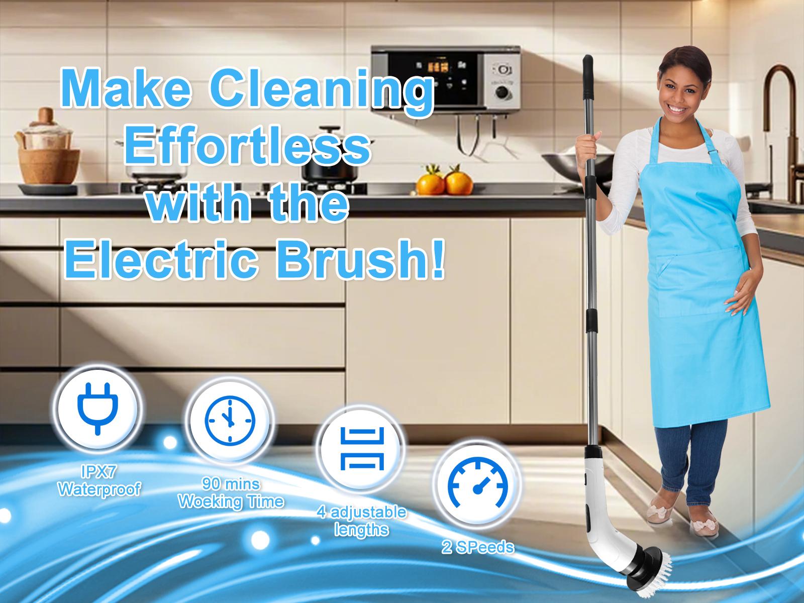 Electric Rotating Cleaning Brush with 2-Speed Settings, Adjustable Length Handle, and Detachable Brush Heads – Perfect for Cleaning Kitchens, Bathrooms, and More. Portable Durable