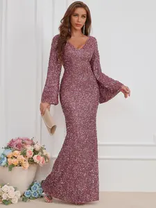 Women's V Neck Long Sleeve Sequin Bodycon Elegant Evening Party Maxi Dress, Stylish and Glamorous Gown for Special Occasions