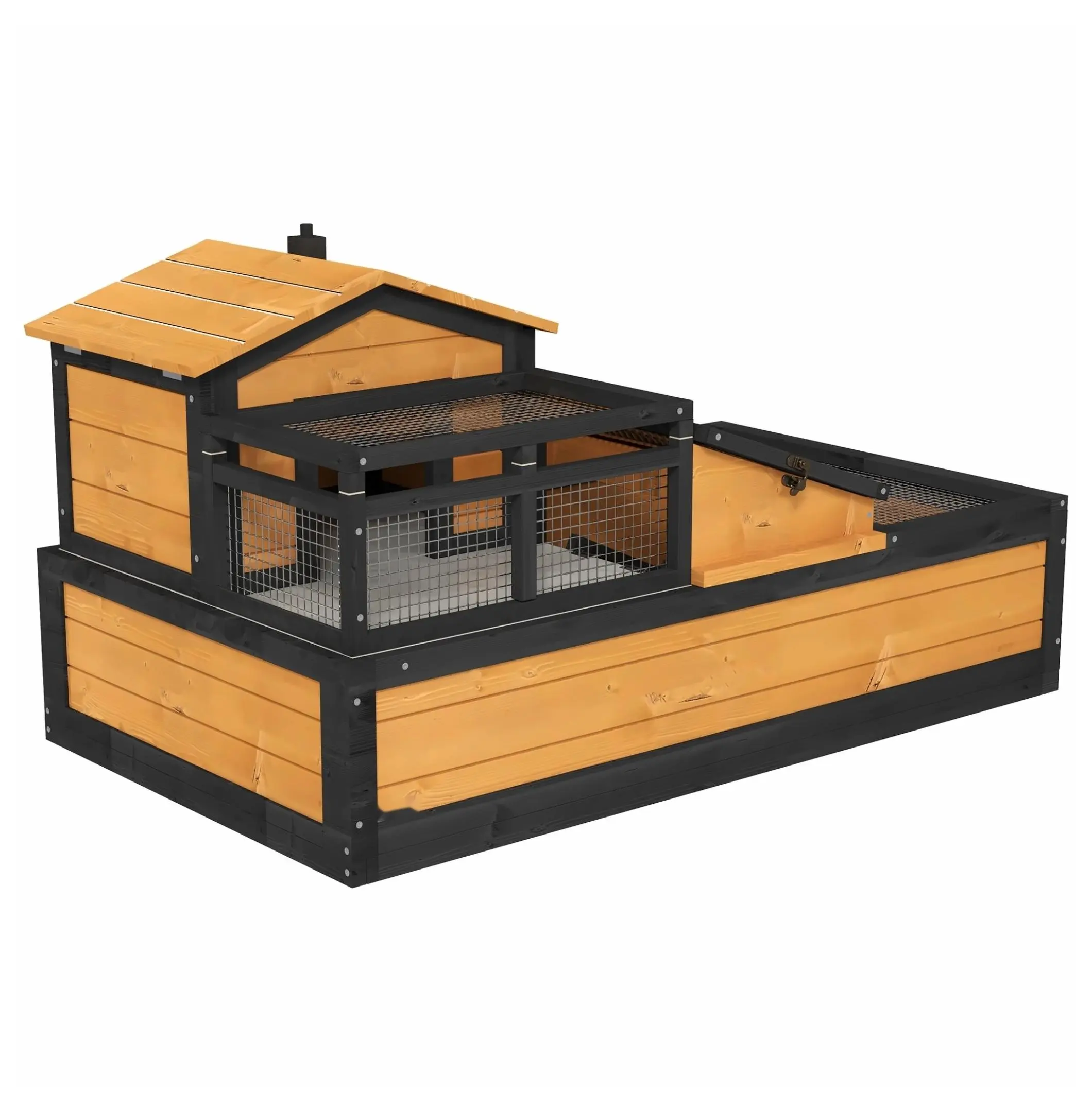 Tortoise Habitat 3-Room Fir Wood House with Basking Balcony, Galvanized Mesh Wire, Ladder, Openable Roofs, Ventilation & Easy Cleaning, 44" L x 25.5" W x 23.3" H Yellow Indoor Outdoor Reptile Enclosure