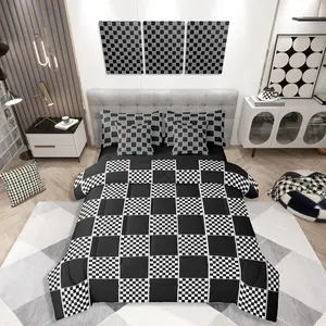 Geometric Checkered Bed in A Bag,7 Piece Black White Buffalo Plaid Comforter Set with Sheets,Checkerboard Gingham Bedding Sets for Kids Boys Teen
