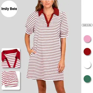 Imily Bela Women's Summer Lapel Collared V Neck Striped Dress Casual Puff Short Sleeve Polo Tshirt Dresses with Pockets