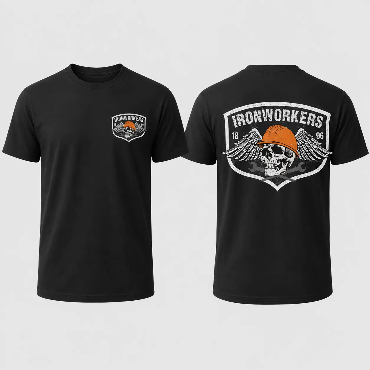 Ironworkers Skull Graphic T-Shirt, Blue Collar Construction Worker Tee, Hard Hat Winged Skeleton Shirt, Unisex Black Tradesman Gift for Men