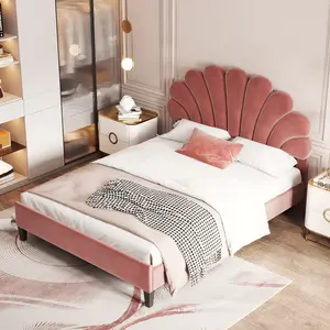 Eyisean 76.8" & 81.9" Full/Queen Size Velvet Bed Frame with Flower Pattern Headboard, Sturdy Upholstered Platform Bed with Wood Slat Support for Bedroom, Apartment, No Box Spring Needed, Easy Assembly