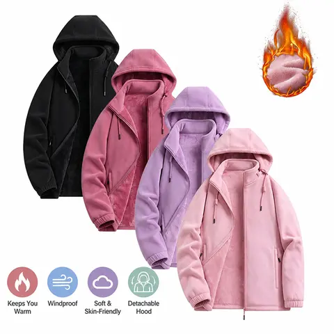 Women’s autumn/winter outdoor fleece jacket, double-sided thick outerwear with a windproof stand collar design, featuring detachable hood, zippered pockets, and full-zip closure; thick polar fleece lining provides warmth, suitable for outdoor sports.
