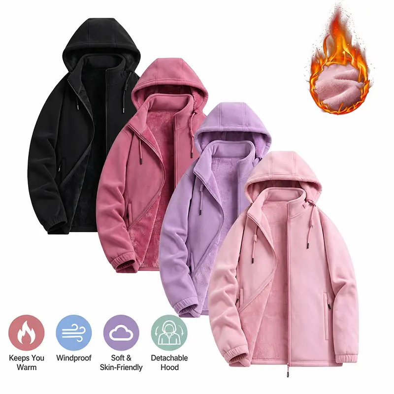 Women’s autumn/winter outdoor fleece jacket, double-sided thick outerwear with a windproof stand collar design, featuring detachable hood, zippered pockets, and full-zip closure; thick polar fleece lining provides warmth, suitable for outdoor sports.